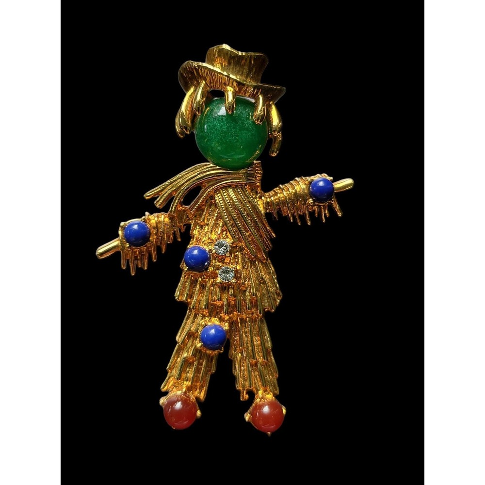 Vintage JBK Camrose and Kross Gold Tone Scarecrow Brooch Colorful Gems Signed